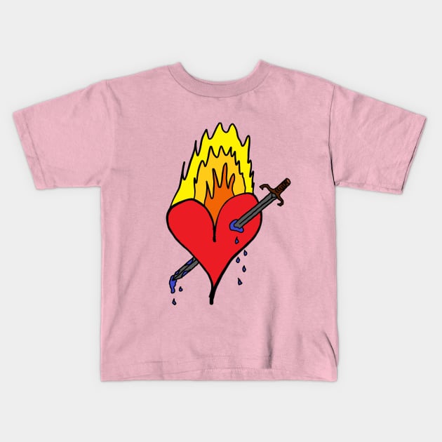 Burning red heart that was bleeding blue by a sword that ripped it! A cute, pretty, beautiful red heart drawing which is burning and ruptured by sword. Kids T-Shirt by Blue Heart Design